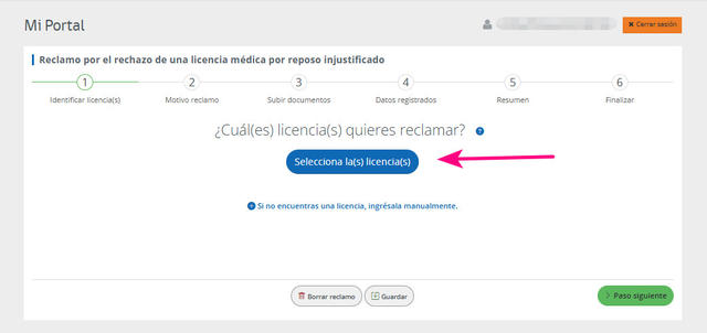 Paso 1: Se debe seleccionar la o las licencias rechazadas por la COMPIN, que se reclamaran.