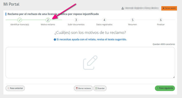 Paso 2: Se debe explicar el motivo del reclamo.