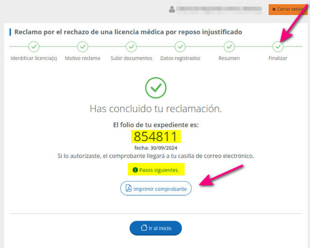 Tras el envío, se entrega un número de folio y se puede descargar un comprobante. En "Pasos siguientes" se despliega una modal con más información.