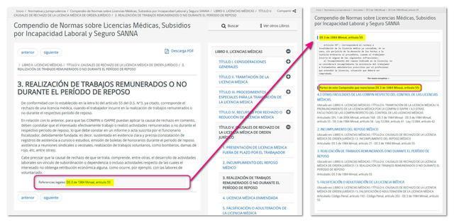 Referencias legales: las citas de artículos se pueden revisar dentro del Compendio. Además en la página de una norma o artículo se muestran todas las partes del Compendio que comparten la cita legal.