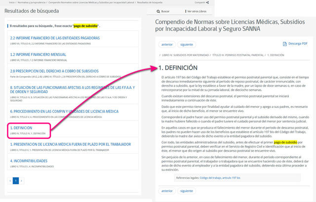 Buscador: los términos buscados aparecen destacados en color amarillo en la lista de resultados cuando hay coincidencias, y también al ingresar a alguna de las páginas, lo que facilita encontrar la información requerida.