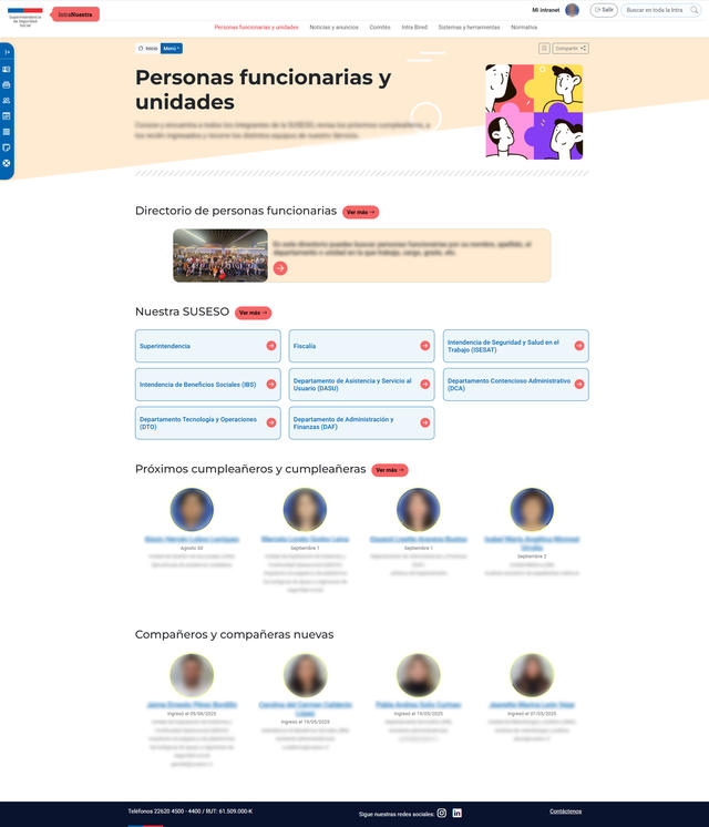 Sección de los funcionarios: se puede acceder a las distintas unidades y departamentos, revisar los próximos cumpleaños y conocer a los nuevos compañeros/as.