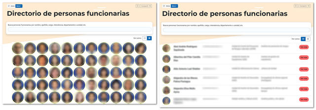 Buscador de funcionarios: se puede escribir el nombre, apellido, cargo, departamento o unidad laboral. La vista de fotos se puede cambiar a una lista con más información.