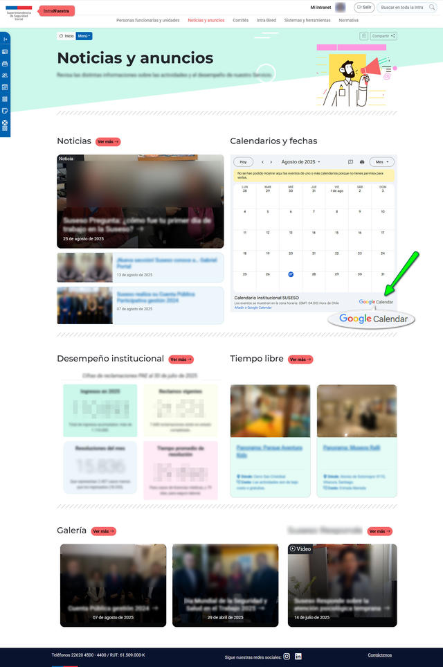 La sección "Noticias y anuncios" tiene integrada la agenda de reuniones de Google (Google Calendar). Cada funcionario/a ve las reuniones en las que está citado/a.