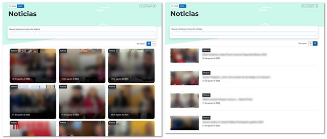 Página de noticias: incluye un buscador para buscar noticias por texto, año y fecha. Se puede cambiar la vista de recuadros a lista.