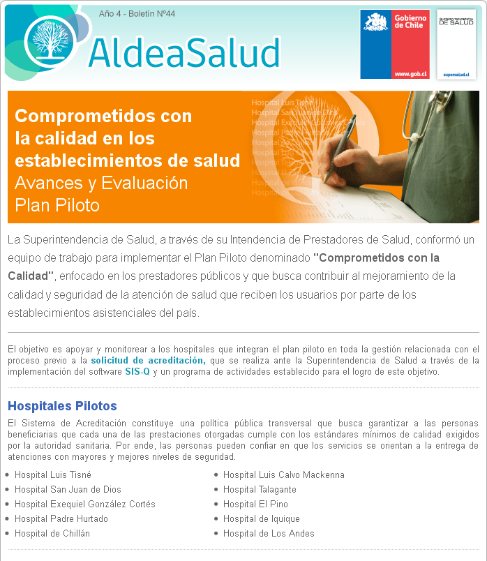 Boletín N°44. Comprometidos con la calidad en los establecimientos de salud Avances y Evaluación Plan Piloto