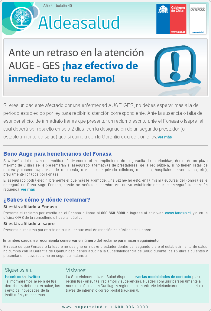 Boletín Aldea Salud Nº40: Ante un retraso en la atención AUGE - GES, ¡Haz efectivo de inmediato tu reclamo!