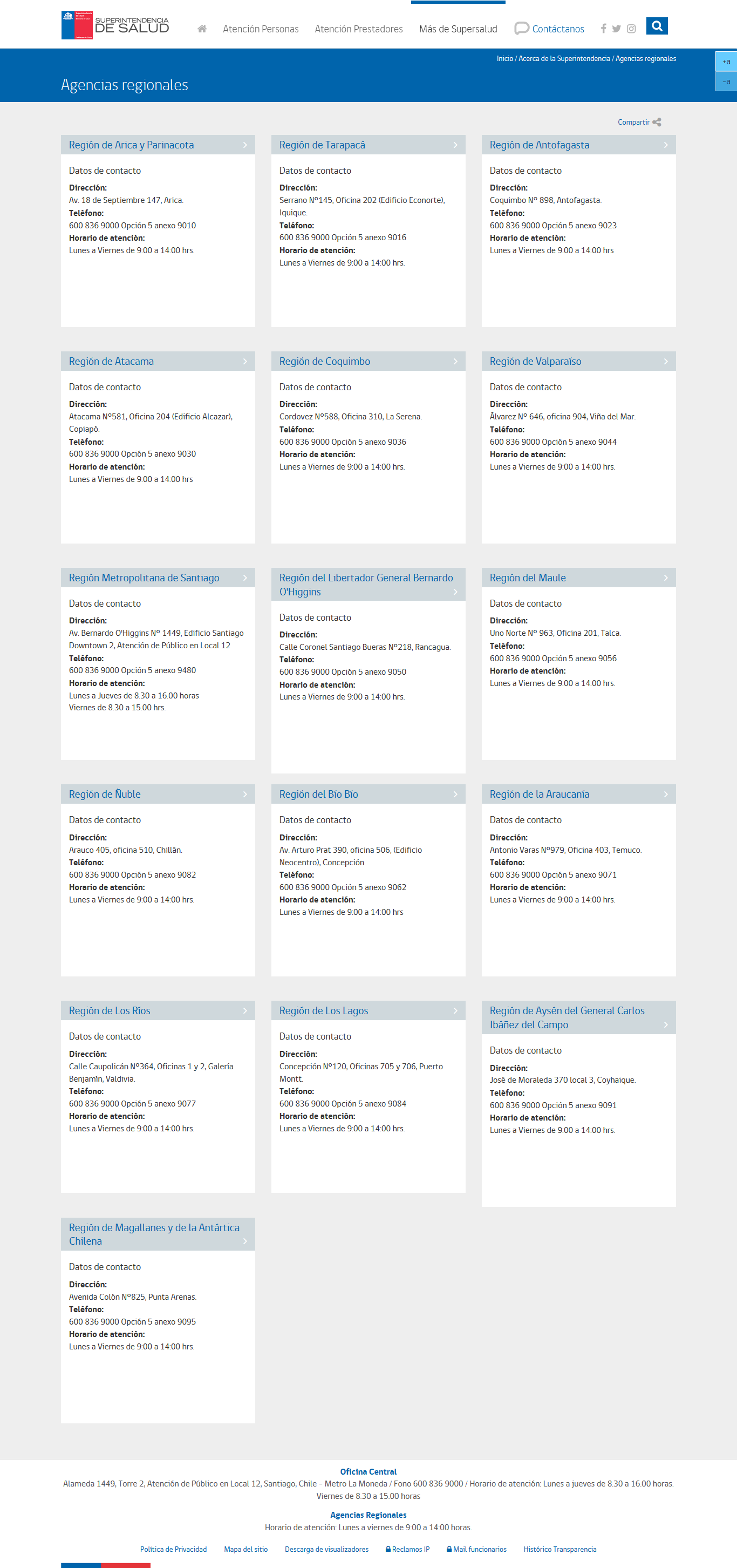 Acceso a la información de las agencias regionales de la Superintendencia de Salud.